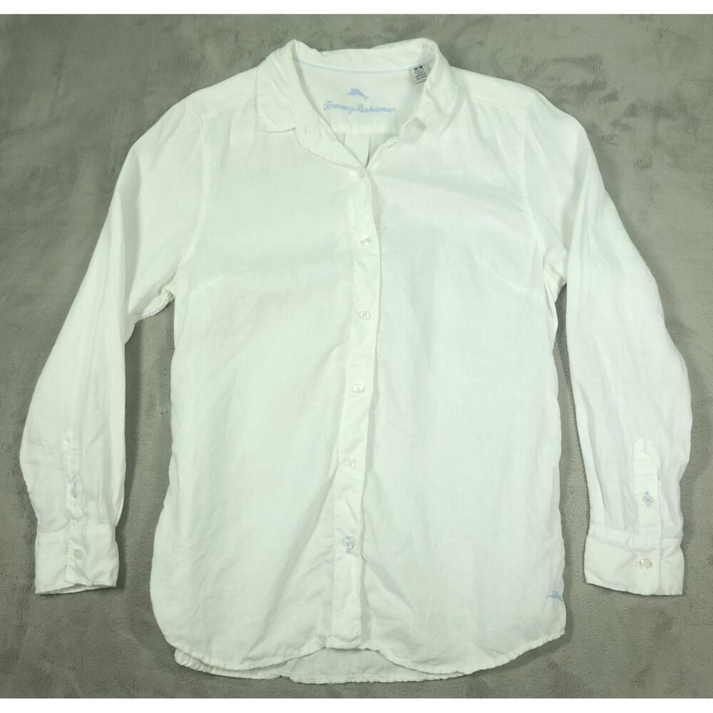 Tommy Bahama Linen Button Up Shirt Womens Medium White Coastal Beach Resortwear